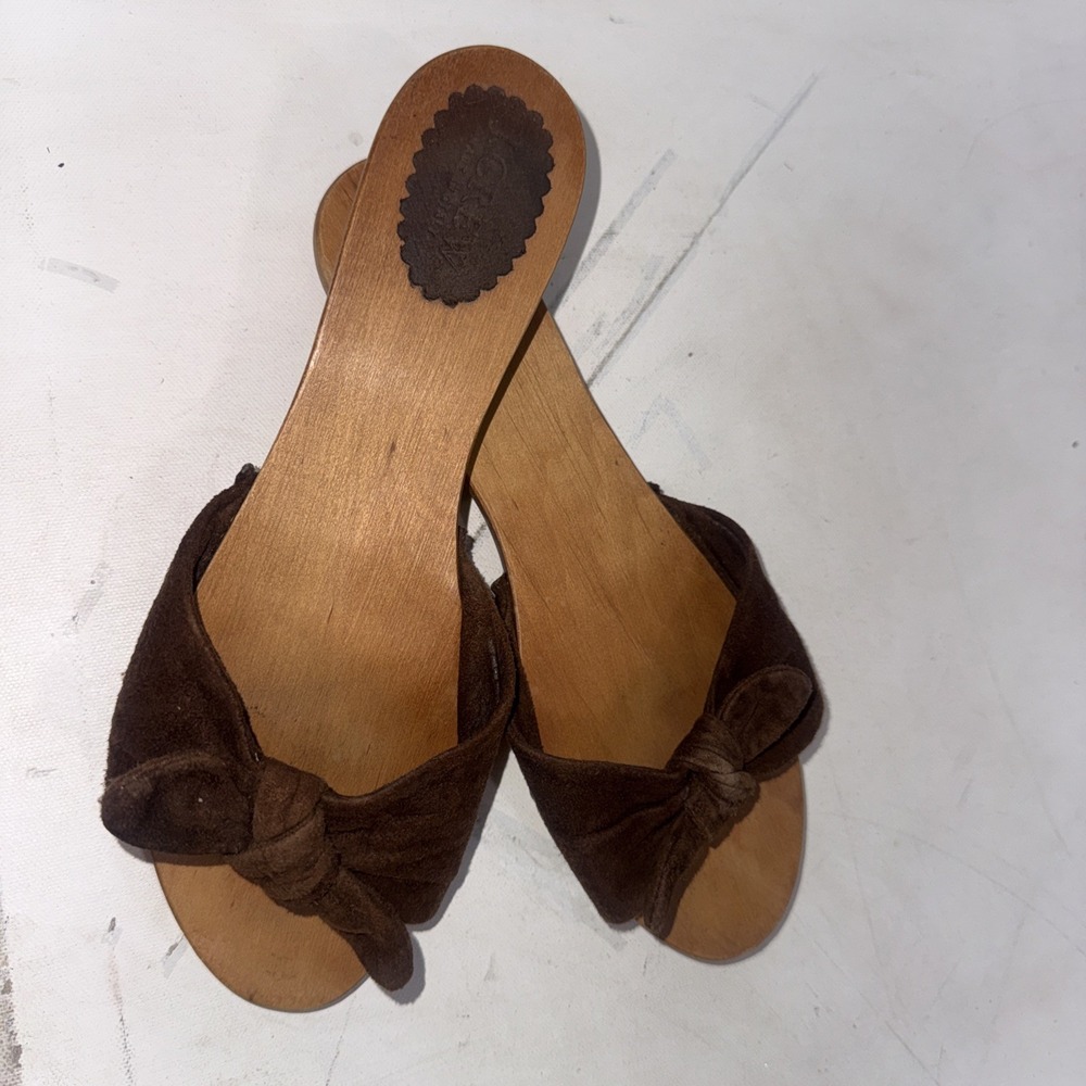 Vintage Y2K 90s J. Crew Italian Leather Wooden Clog Brown Knot Studded Sandals 8